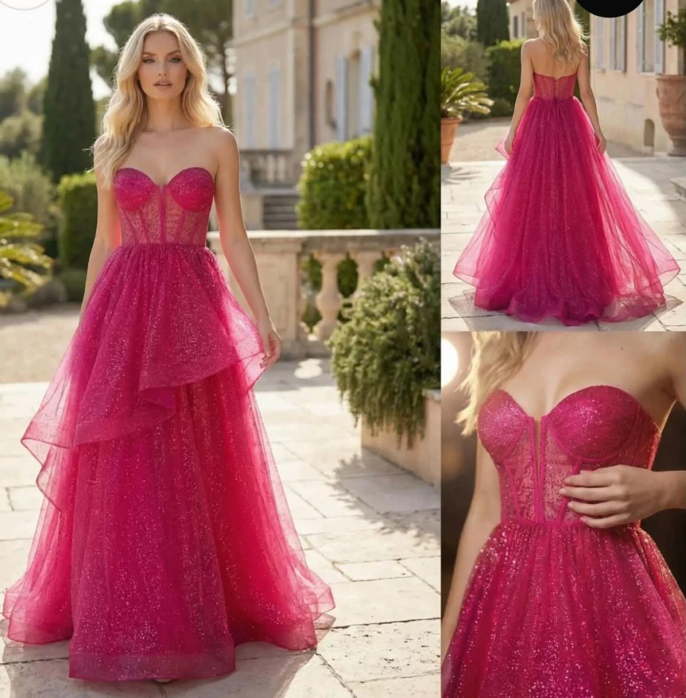 Elegantní třpytivé maxi šaty bez ramínek, fuchsie